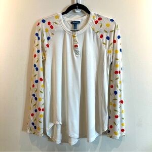 MODCLOTH Sz L Cherry Design Raglan Long Flare Sleeve Henley Style Buttoned  Top